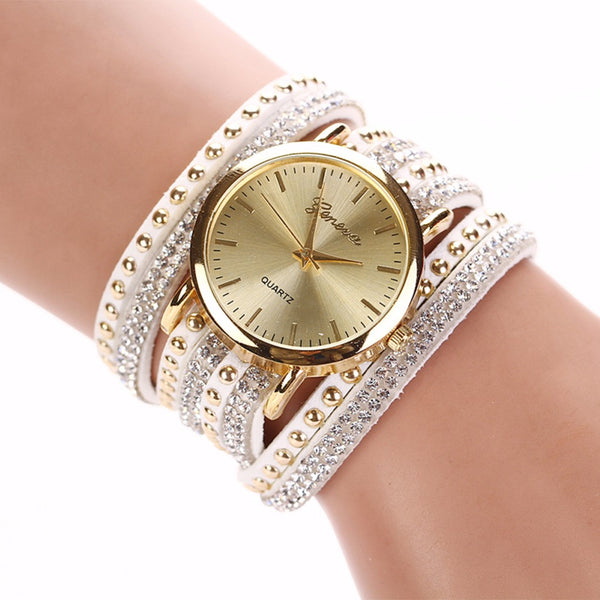 Leather Korean Crystal Rivet Bracelet Watch - A3IM Fashions