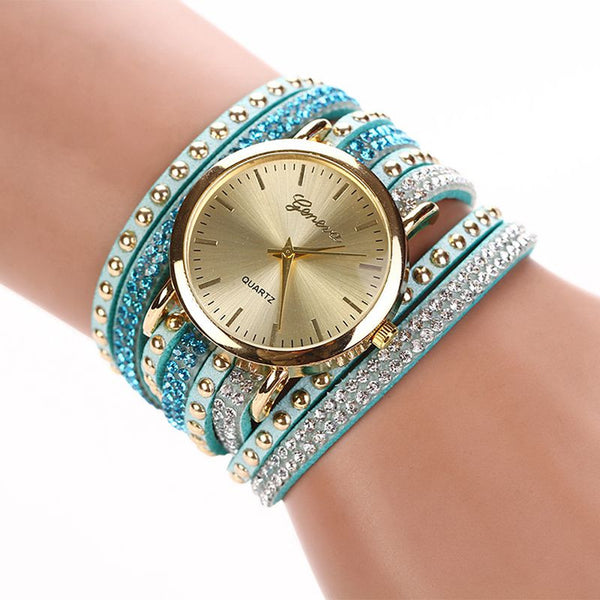 Leather Korean Crystal Rivet Bracelet Watch