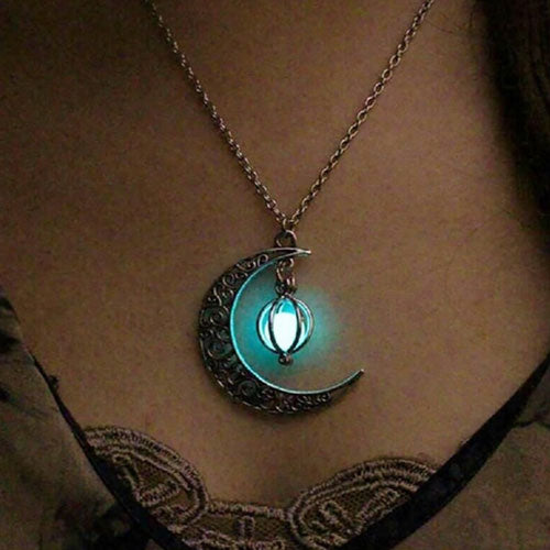 Crescent Moon Glowing Orb Cage Necklace