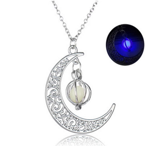 Crescent Moon Glowing Orb Cage Necklace