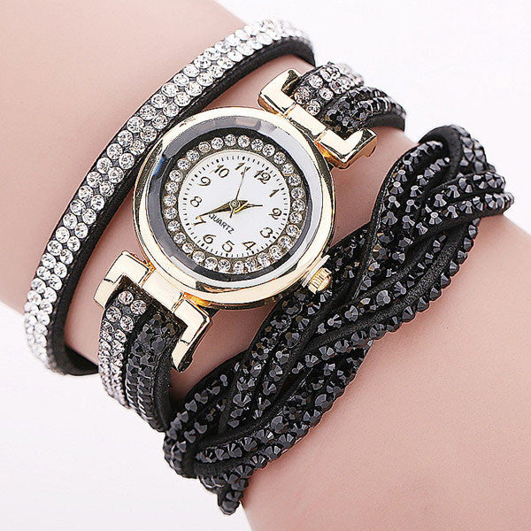 Rhinestone Braided Leather Bracelet Watch
