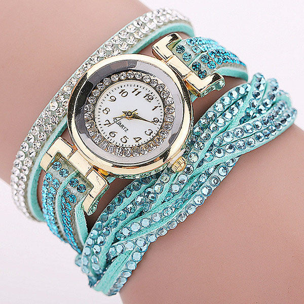 Rhinestone Braided Leather Bracelet Watch