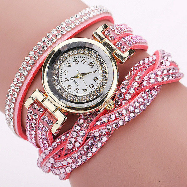 Rhinestone Braided Leather Bracelet Watch