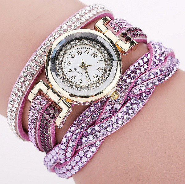 Rhinestone Braided Leather Bracelet Watch