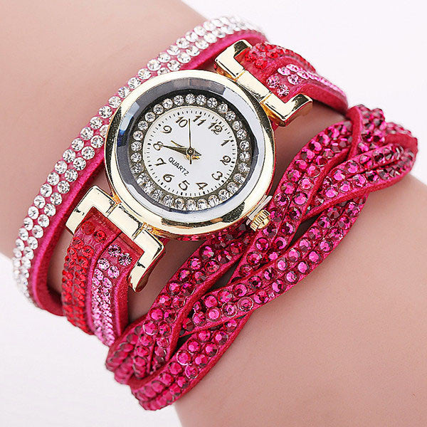 Rhinestone Braided Leather Bracelet Watch - A3IM Fashions