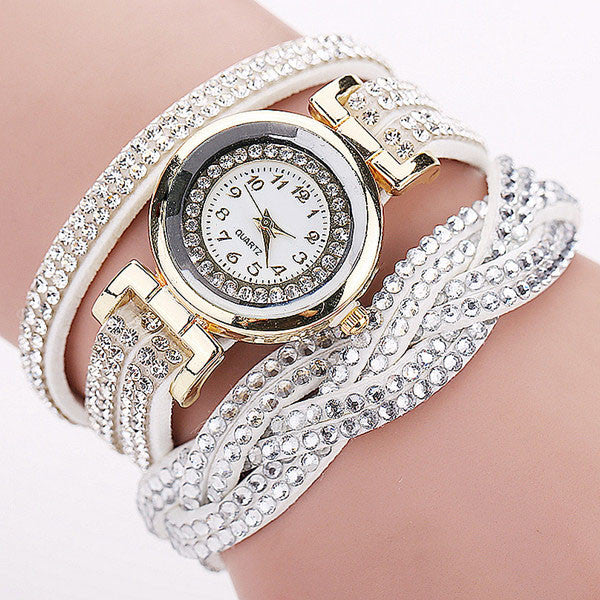 Rhinestone Braided Leather Bracelet Watch - A3IM Fashions