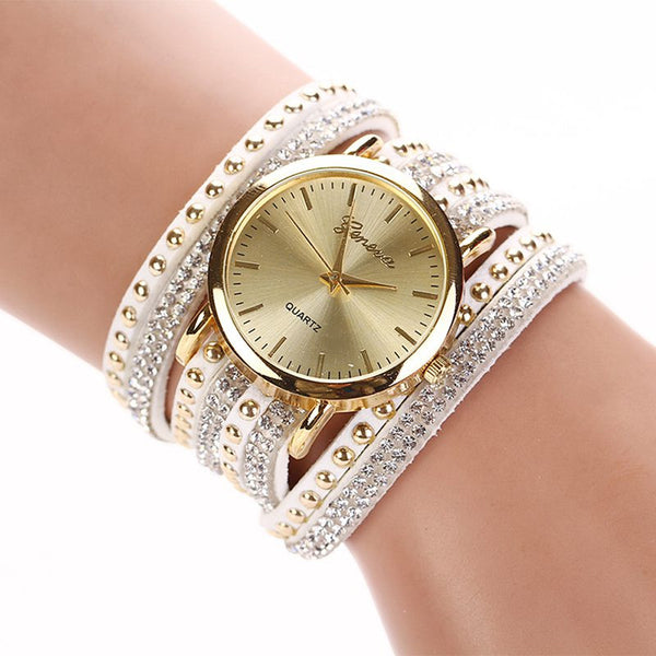 Leather Korean Crystal Rivet Bracelet Watch