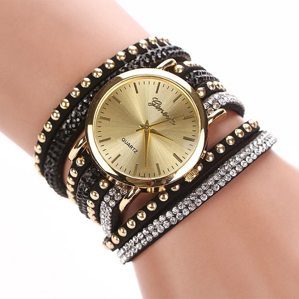 Leather Korean Crystal Rivet Bracelet Watch - A3IM Fashions