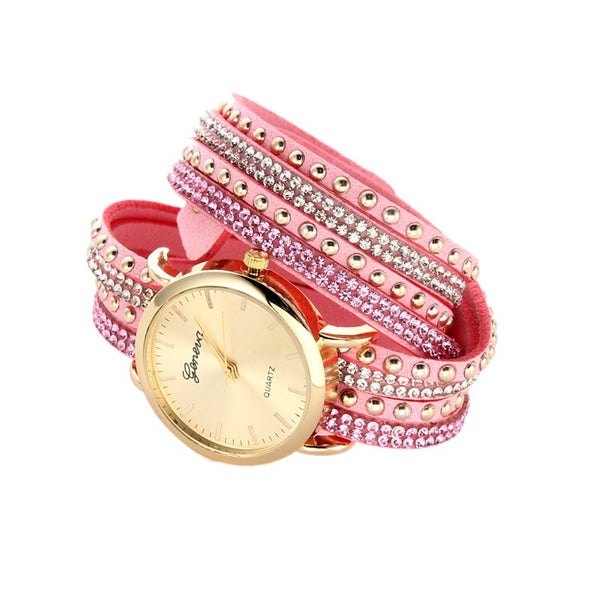 Leather Korean Crystal Rivet Bracelet Watch