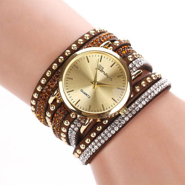 Leather Korean Crystal Rivet Bracelet Watch