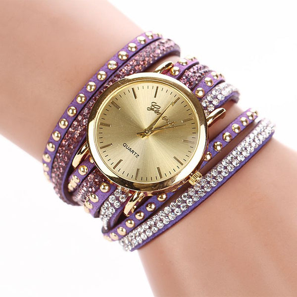 Leather Korean Crystal Rivet Bracelet Watch - A3IM Fashions