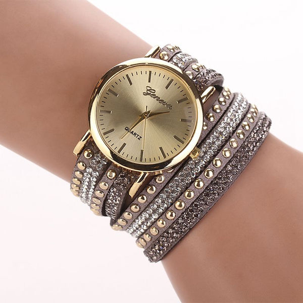 Leather Korean Crystal Rivet Bracelet Watch