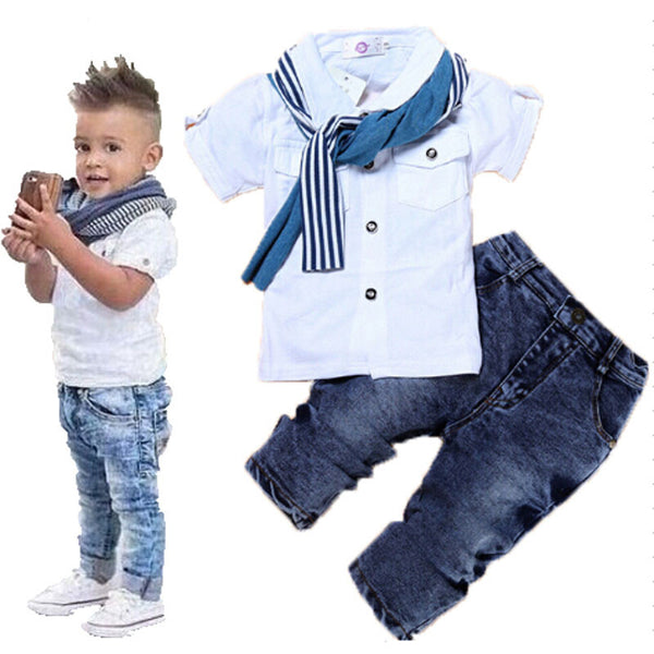 Boys Denim 3Pcs Clothing Sets (Short-Sleeved T-Shirt+Denim Jeans+Scarf) - A3IM Fashions