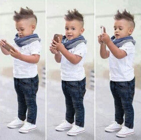 Boys Denim 3Pcs Clothing Sets (Short-Sleeved T-Shirt+Denim Jeans+Scarf)