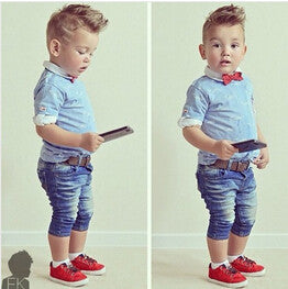 Boys Denim 3Pcs Clothing Sets (Short-Sleeved T-Shirt+Denim Jeans+Scarf)